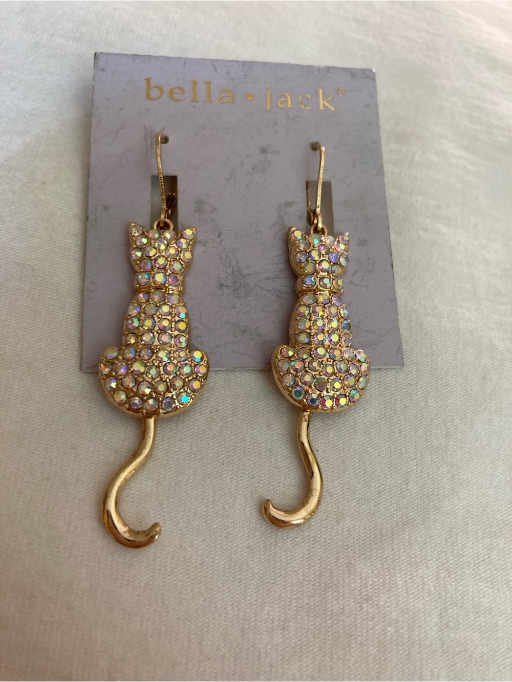 Bella Jack Jeweled Cat Lever Back earrings Articulated Tail